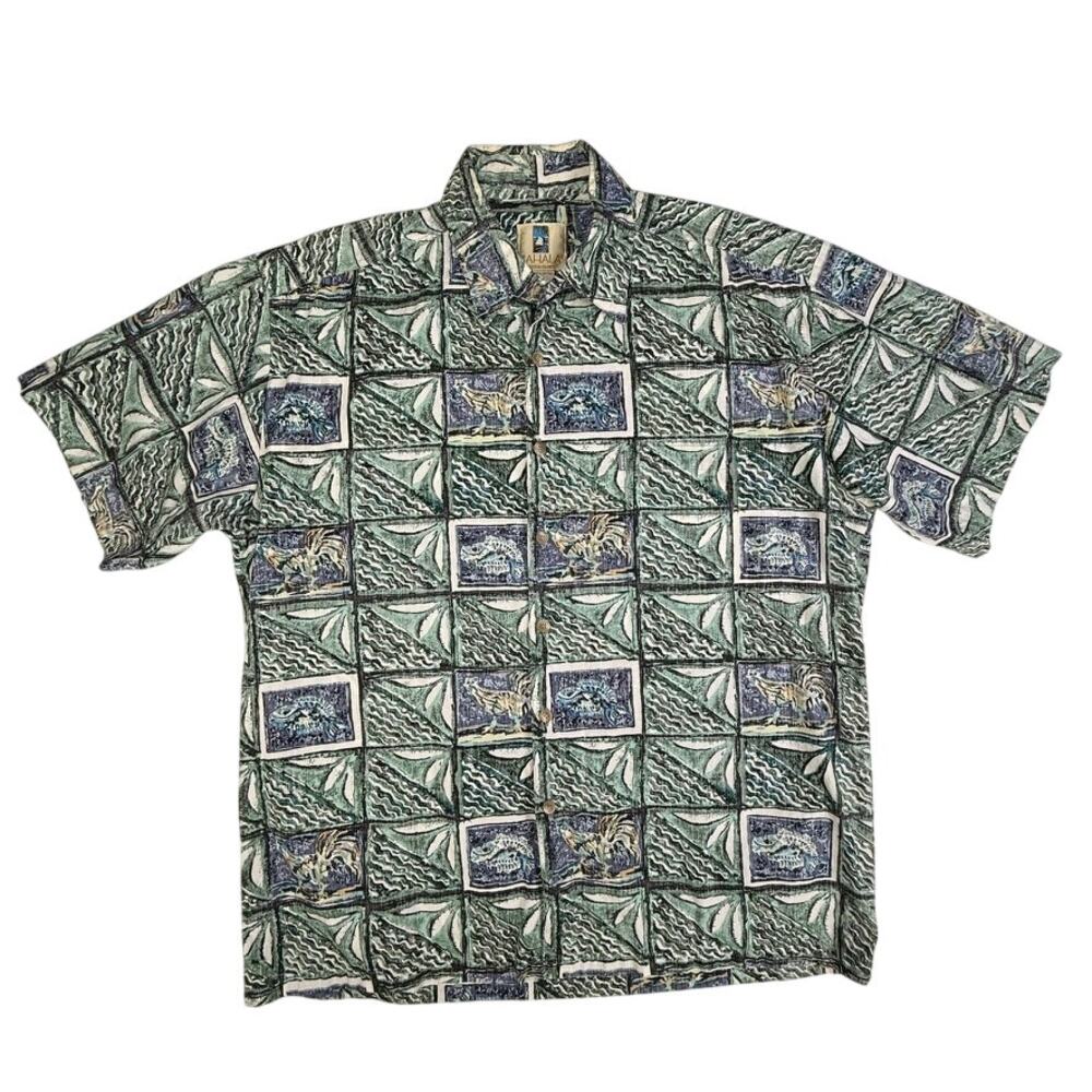 Kahala Hawaiian Islands Aloha Shirt Chicken Fish Print Made in Hawaii Large